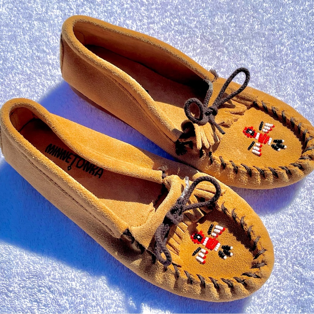 Minnetonka Tan Moccasins with Embroidery